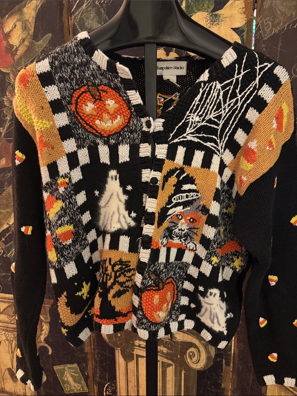 Hampshire Stufio Whimsical Halloween Black Knit Cardigan Sweater